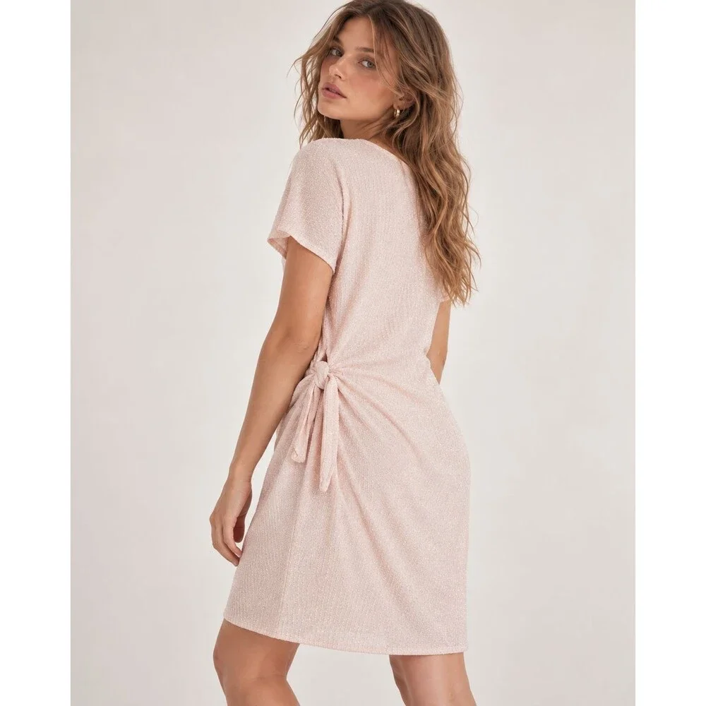 Women L Blush Pink Glitter Side Tie Dress NWT Knee Length Cocktail Party FLAW